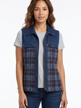 Marie Claire Denim & Plaid Zip-Up Vest – Size Small | Y2K Utility Style |